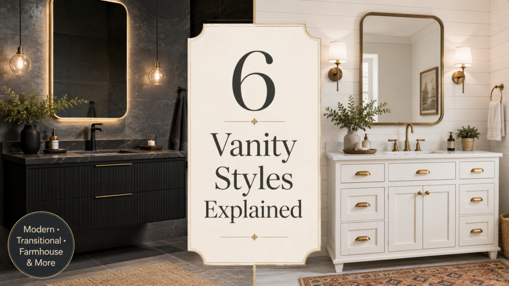 A split-panel bathroom vanity showcase featuring two contrasting styles. On the left, a sleek matte black floating modern vanity with a quartz countertop, minimalist fixtures, and warm pendant lighting creates a contemporary look. On the right, a warm white farmhouse vanity with vintage brass hardware, a marble-style countertop, and a shiplap wall offers a cozy rustic charm. In the center, elegant serif text reads “6 Vanity Styles Explained,” with a small corner badge stating “Modern • Transitional • Farmhouse & More.”