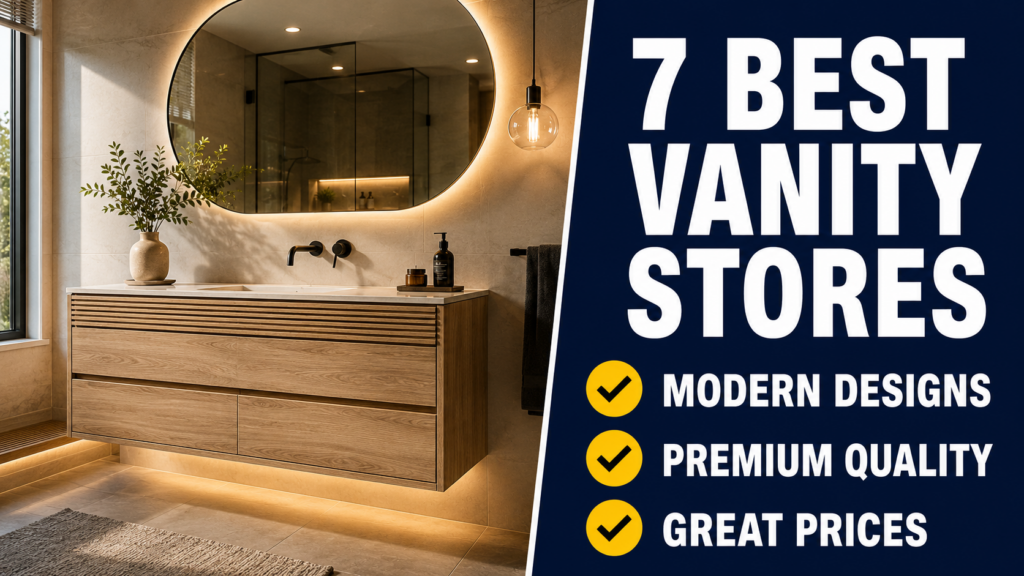 Modern floating bathroom vanity with wood cabinet and illuminated mirror beside an infographic highlighting the 7 best vanity stores for York PA homeowners.