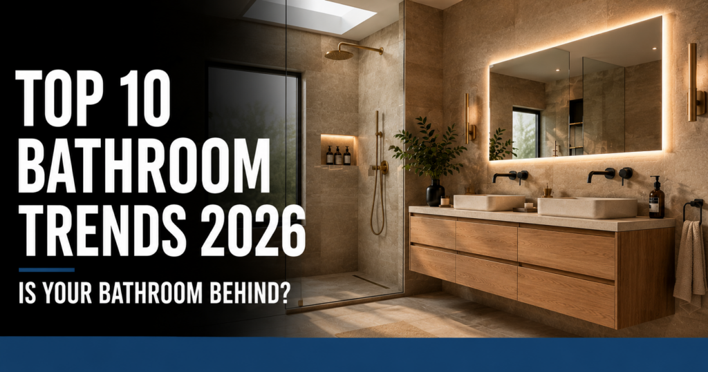 Modern luxury bathroom featuring a floating wood vanity, illuminated mirror, walk-in glass shower, and bold text highlighting the top bathroom design trends for 2026