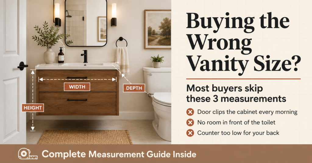 Modern bathroom vanity with measurement labels for width, depth, and height beside text explaining common bathroom vanity sizing mistakes and a complete measurement guide