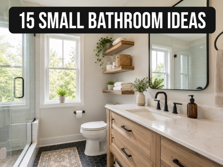 Bright small bathroom with wood vanity, floating shelves, large mirror, and "15 Small Bathroom Ideas" banner.