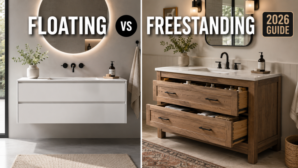 Floating vs freestanding bathroom vanity comparison with modern white wall-mounted and wood floor-standing designs.