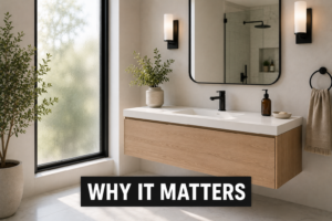 Modern bathroom with floating vanity and bold "WHY IT MATTERS" callout over soft morning light.