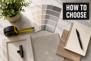 Flat-lay of bathroom renovation planning tools with a bold "HOW TO CHOOSE" callout.